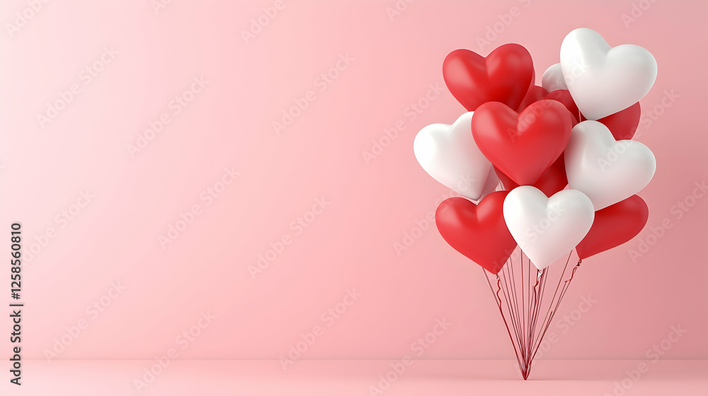 Red and White Heart Balloons Floating Against a Pink Wall. Celebration, event, love concept Red and White Heart Balloons Floating Against a Pink Wall. Celebration, event, love concept