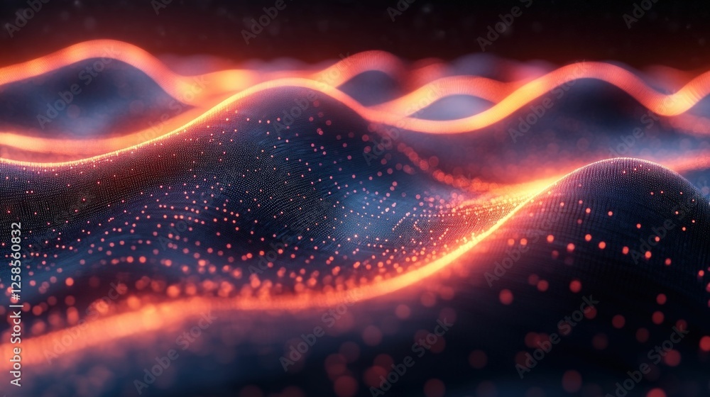 Obraz premium Glowing orange waves flow dark digital landscape