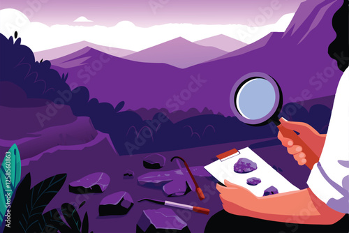 A geologist meticulously examines various rock samples outdoors, utilizing tools and a magnifying glass for detailed analysis.  The sun illuminates the scene.