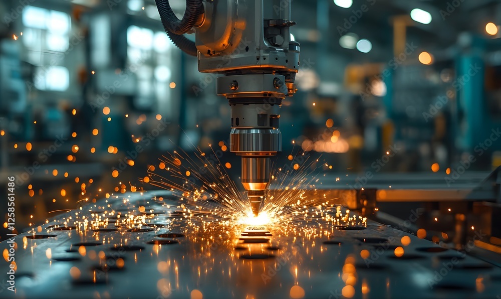 Automated Laser Cutting Process with Bright Sparks in Industrial Setting on Metal Automated Laser Cutting Process with Bright Sparks in Industrial Setting on Metal