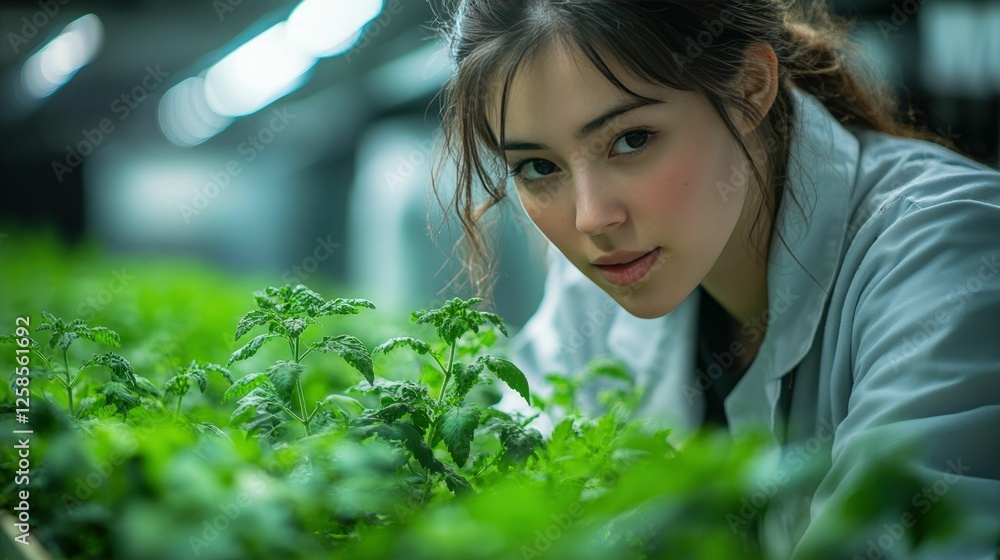 Young scientist examines vibrant green plants. Young scientist examines vibrant green plants.