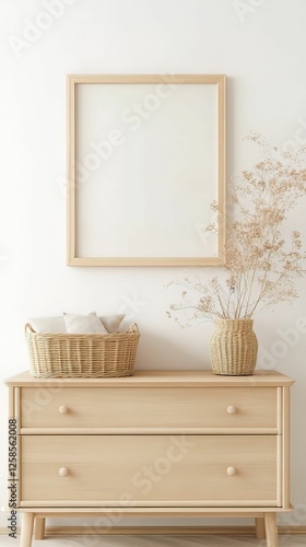 Natural baby room setup with blank frame minimalist design calm environment cozy viewpoint stylish concept