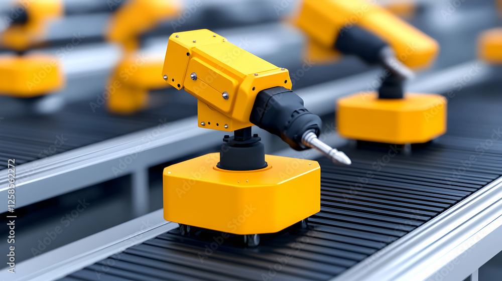 Robotic arms moving along conveyor belt, automation process, future industry work concept Robotic arms moving along conveyor belt, automation process, future industry work concept