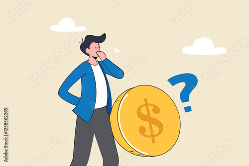 Money question, where to invest, pay off debt or invest to earn profit, financial choice or alternative to make decision concept, businessman investor holding money coin thinking about investment.