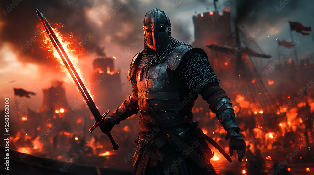 A fierce medieval knight stands in battle, surrounded by flames and chaos, embodying courage and valor. A fierce medieval knight stands in battle, surrounded by flames and chaos, embodying courage and valor.