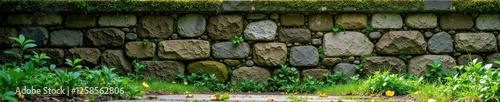 Weathered stone wall with moss-covered stones and overgrown vegetation, foliage, stone, weathered