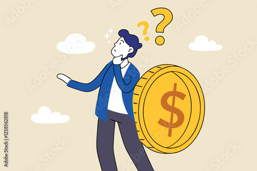 Money question, where to invest, pay off debt or invest to earn profit, financial choice or alternative to make decision concept, businessman investor holding money coin thinking about investment.