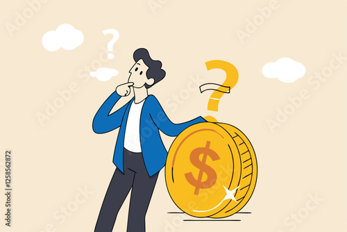Money question, where to invest, pay off debt or invest to earn profit, financial choice or alternative to make decision concept, businessman investor holding money coin thinking about investment.