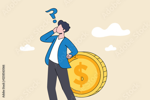 Money question, where to invest, pay off debt or invest to earn profit, financial choice or alternative to make decision concept, businessman investor holding money coin thinking about investment.