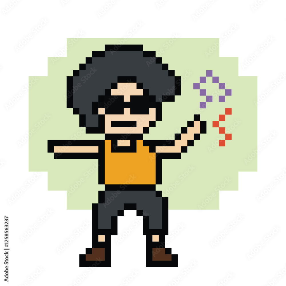 Fototapeta premium Cute cartoon pixel character cute man exercises training aerobic dance lifestyle music decoration life style 8 bit male boy dance with music game 8bit fitness isolated PNG vector.