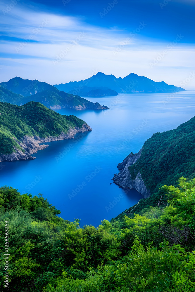 Scenic island view of islands and mountains. Possible for travel brochures and landscape art Scenic island view of islands and mountains. Possible for travel brochures and landscape art