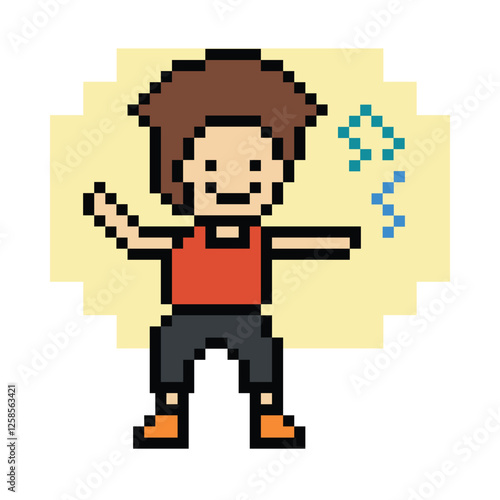 Cute cartoon pixel character cute man exercises training aerobic dance lifestyle music decoration life style 8 bit male boy dance with music game 8bit fitness isolated PNG vector.