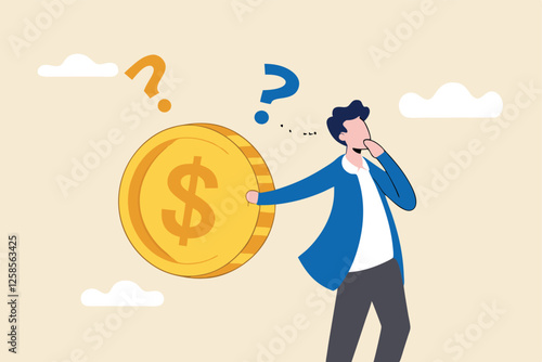 Money question, where to invest, pay off debt or invest to earn profit, financial choice or alternative to make decision concept, businessman investor holding money coin thinking about investment.