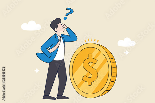 Money question, where to invest, pay off debt or invest to earn profit, financial choice or alternative to make decision concept, businessman investor holding money coin thinking about investment.
