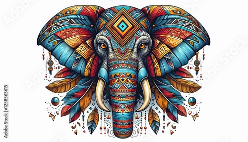 Intricate elephant art, vibrant tribal patterns and symmetrical composition photo