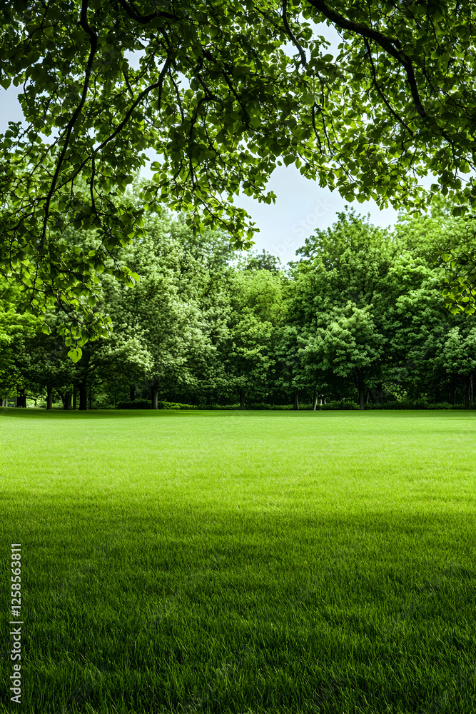 Serene green meadow framed by lush trees in a park, ideal for relaxation, background Serene green meadow framed by lush trees in a park, ideal for relaxation, background