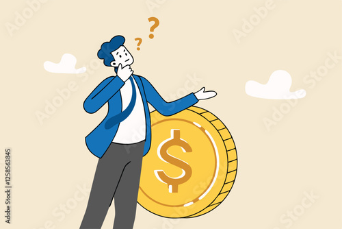 Money question, where to invest, pay off debt or invest to earn profit, financial choice or alternative to make decision concept, businessman investor holding money coin thinking about investment.