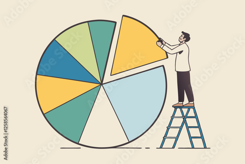 Investment asset allocation and rebalance concept, businessman investor or financial planner standing on ladder to arrange pie chart as rebalancing investment portfolio to suitable for risk and return
