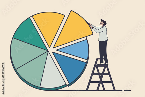 Investment asset allocation and rebalance concept, businessman investor or financial planner standing on ladder to arrange pie chart as rebalancing investment portfolio to suitable for risk and return