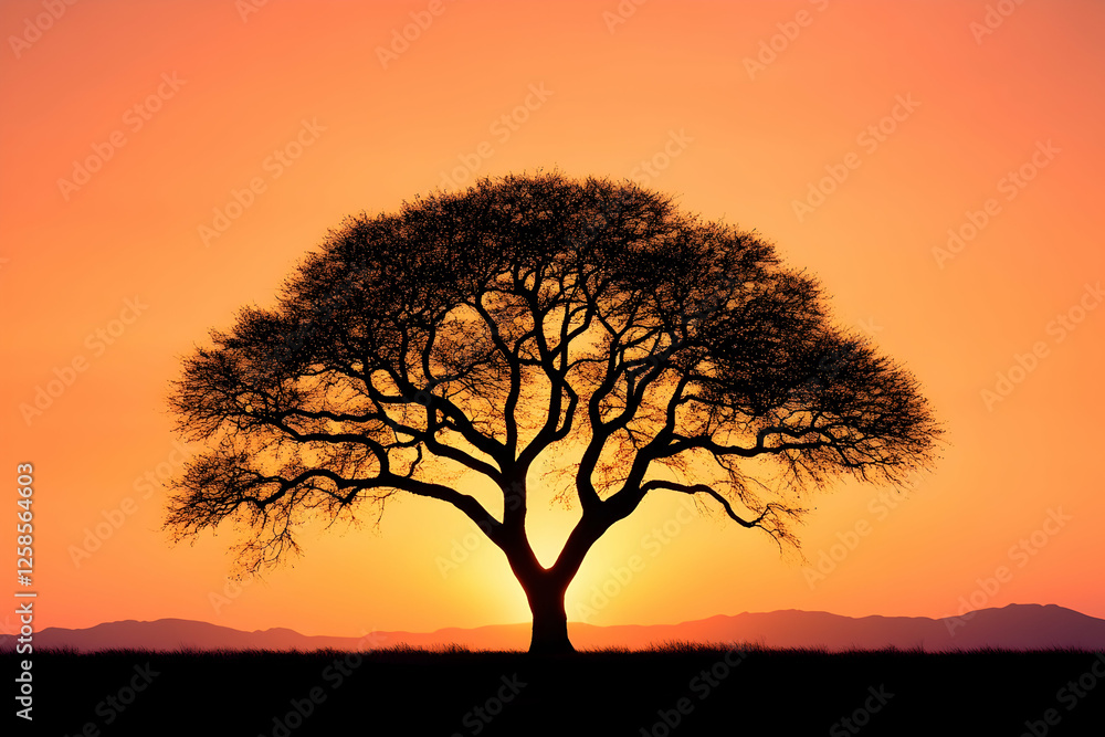Silhouette of a tree at sunset, with mountains in the background, great for nature or travel content Silhouette of a tree at sunset, with mountains in the background, great for nature or travel content