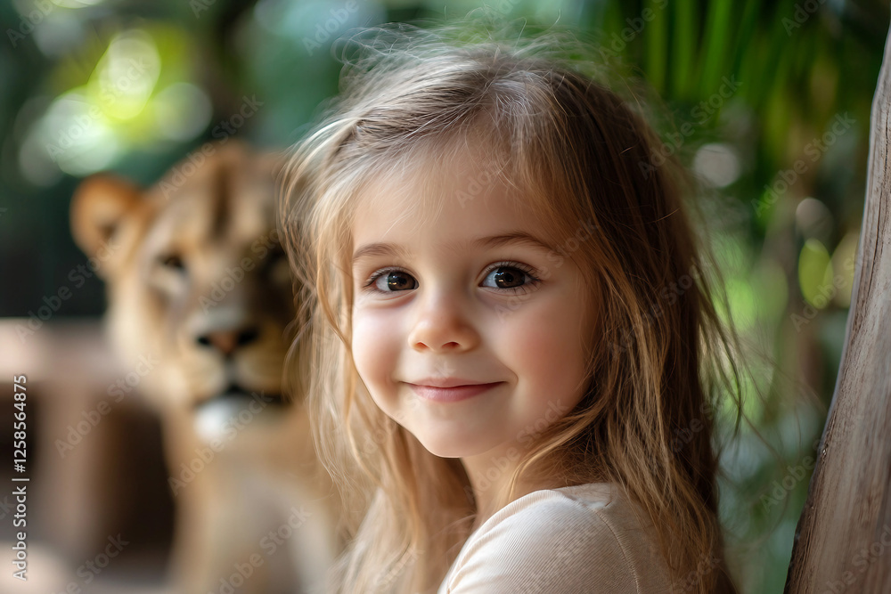 Fototapeta premium A child wonder and curiosity in a serene zoo setting generative AI