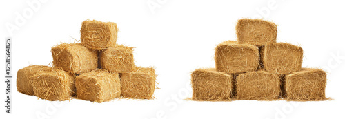 Set of hay bales stacked isolated on white or transparent background, die cut png file