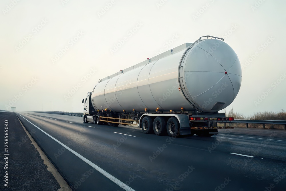 Large tanker truck transporting goods on an empty highway during early morning light Large tanker truck transporting goods on an empty highway during early morning light
