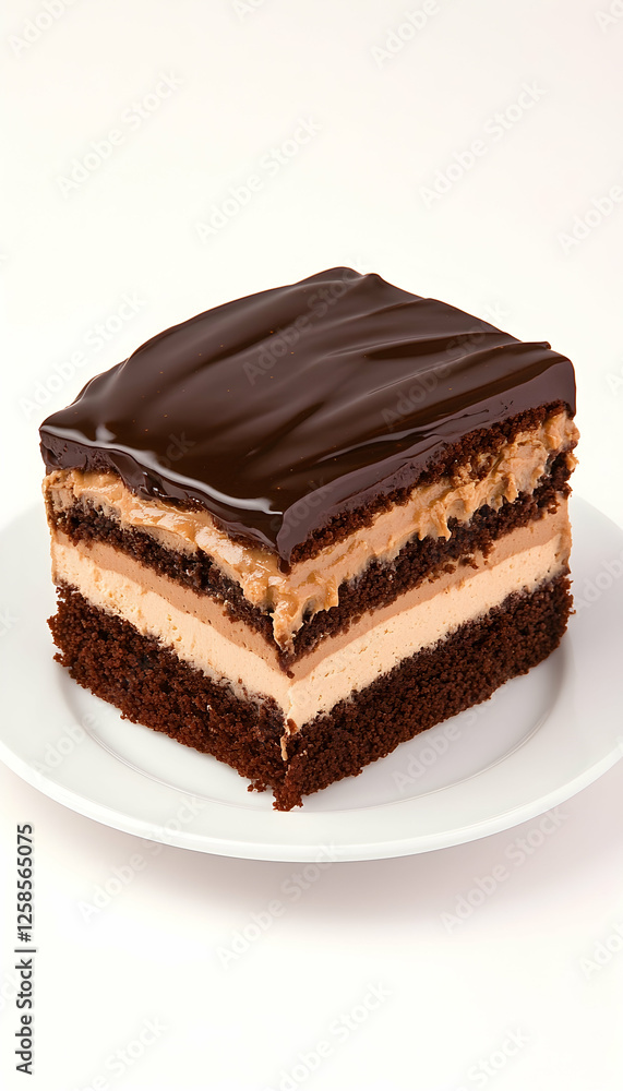 Slice of layered chocolate cake on plate on white surface, for sweet dessert ads Slice of layered chocolate cake on plate on white surface, for sweet dessert ads