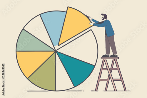 Investment asset allocation and rebalance concept, businessman investor or financial planner standing on ladder to arrange pie chart as rebalancing investment portfolio to suitable for risk and return