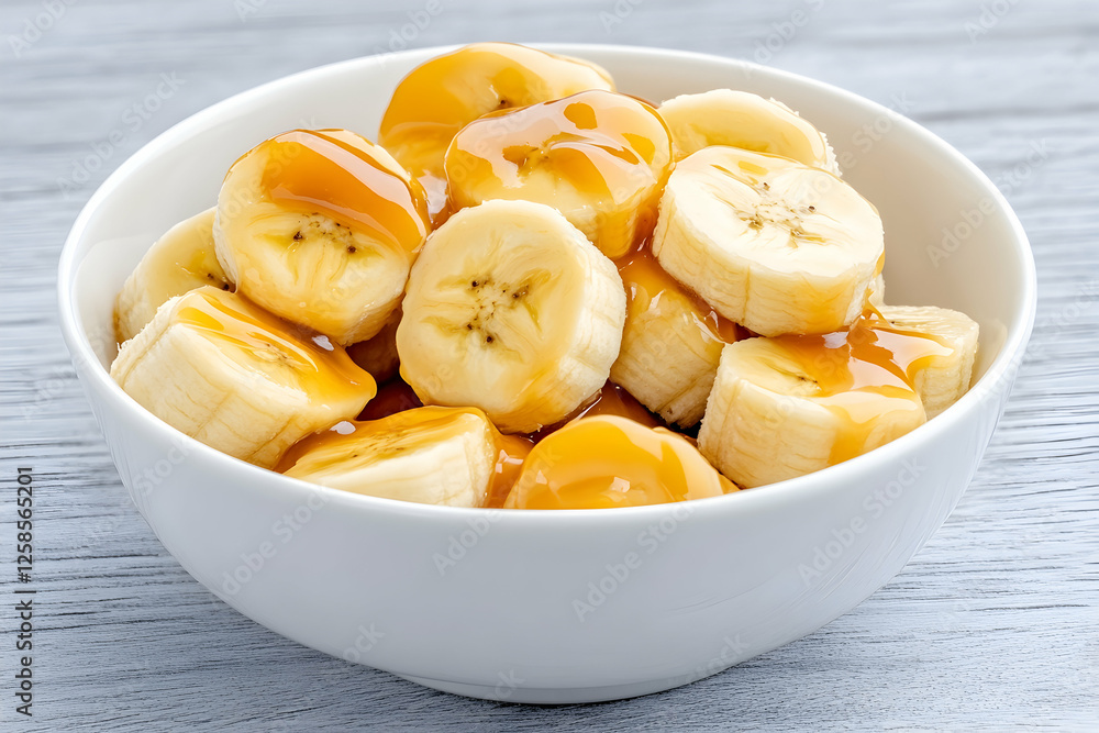 Sliced bananas with caramel sauce in a bowl on a table for healthy dessert Sliced bananas with caramel sauce in a bowl on a table for healthy dessert
