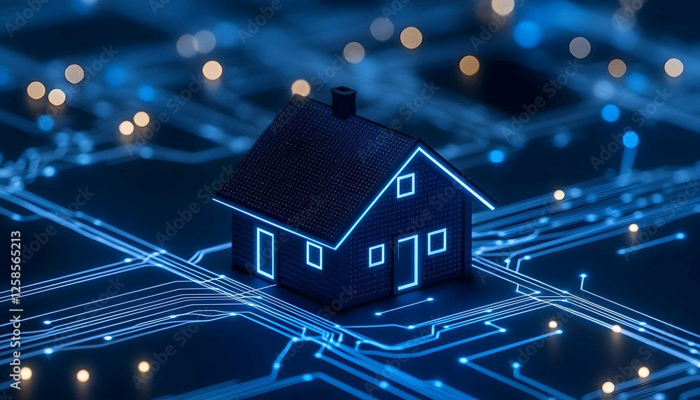 Smart home on circuit board. Technology concept. Glowing lights, digital backdrop. Presentation use Smart home on circuit board. Technology concept. Glowing lights, digital backdrop. Presentation use