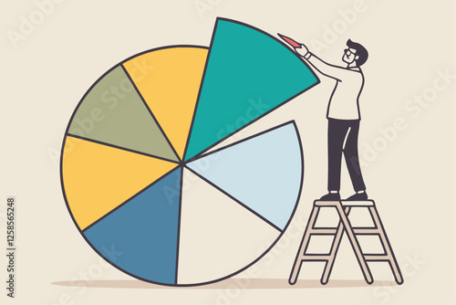 Investment asset allocation and rebalance concept, businessman investor or financial planner standing on ladder to arrange pie chart as rebalancing investment portfolio to suitable for risk and return