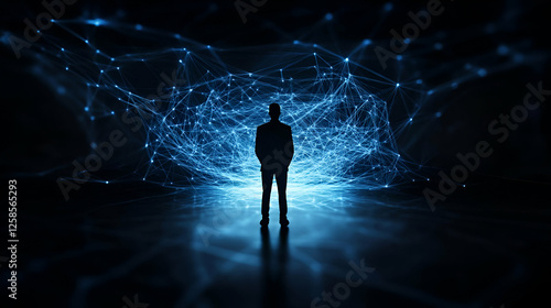 A silhouette of a person standing before a futuristic network of blue lights and connections, representing innovation.