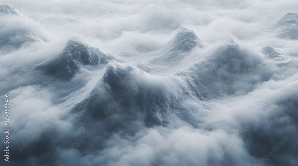 Obraz premium Abstract Mountain Landscape with Fog and Mist. Scenic Aerial View of Peaks in Overcast Conditions. Ethereal Nature Scenery
