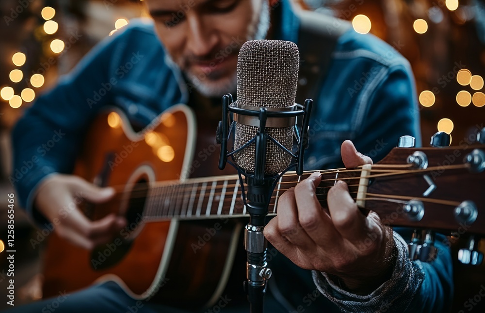 Fototapeta premium Talented musician recording acoustic guitar track in home studio with microphone