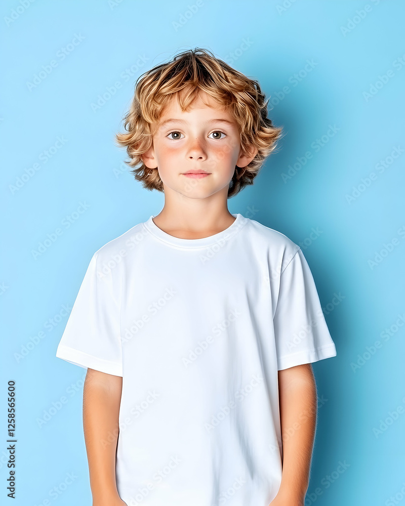 Smiling boy in white tee against blue background. Use for ads, education, or social campaigns Smiling boy in white tee against blue background. Use for ads, education, or social campaigns