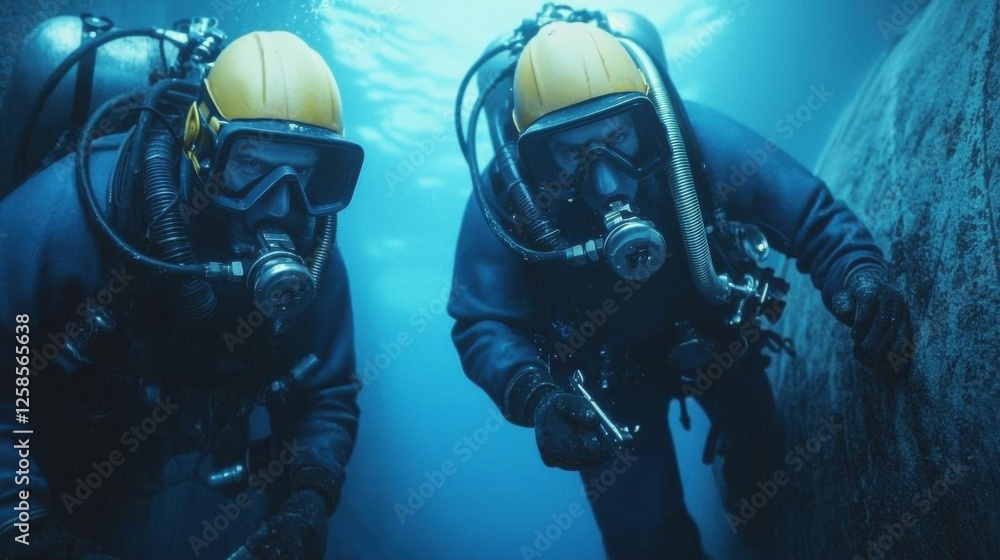 Two divers exploring underwater depths in blue ocean. Two divers exploring underwater depths in blue ocean.