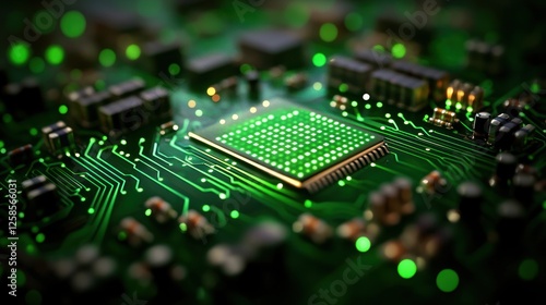 Glowing CPU on circuit board, technology background