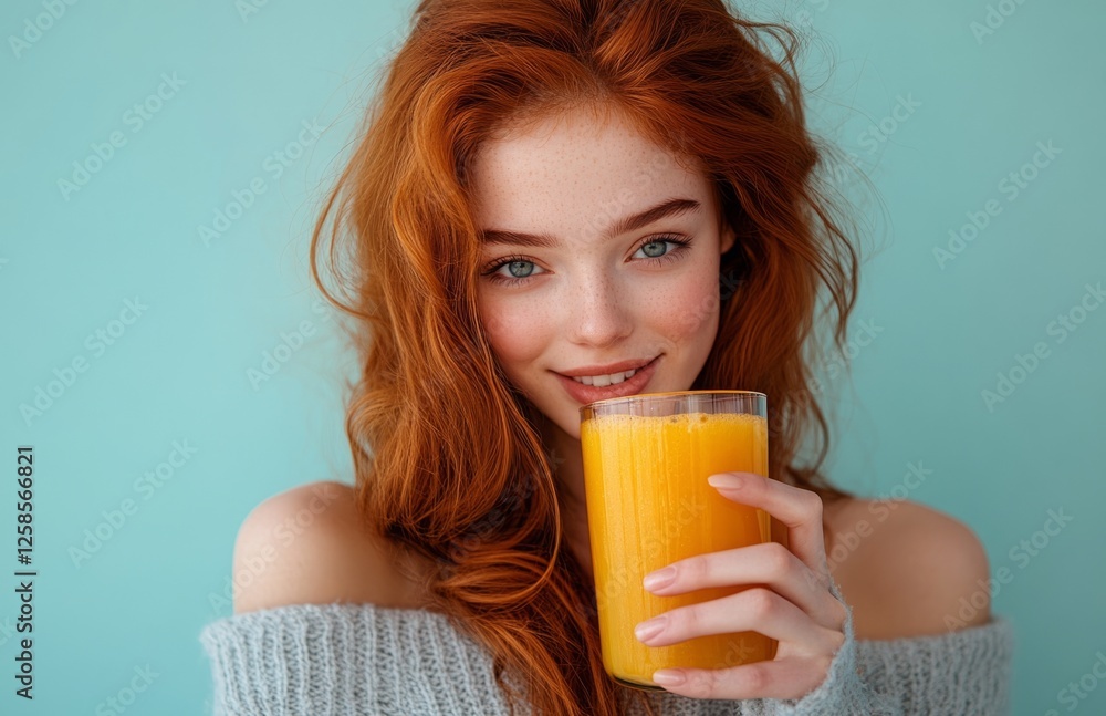 Smiling Young Woman Holding Orange Juice Glass Against Blue Background Smiling Young Woman Holding Orange Juice Glass Against Blue Background