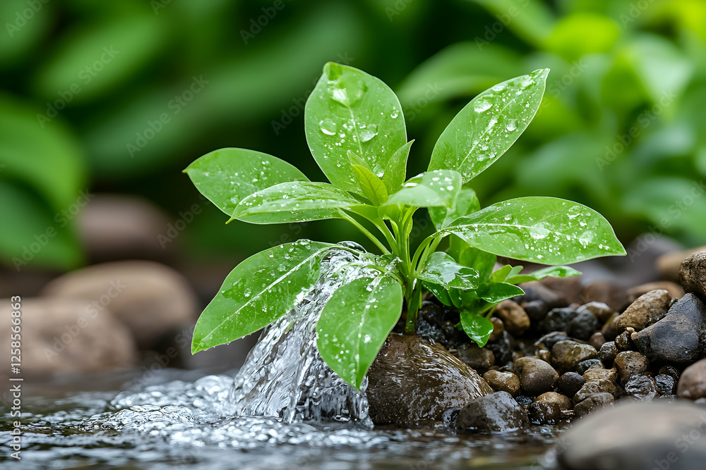 Sprout grows near flowing water surrounded by green plants. Nature conservation and environment concepts