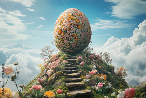 Surreal easter egg made of flowers in a dreamy landscape