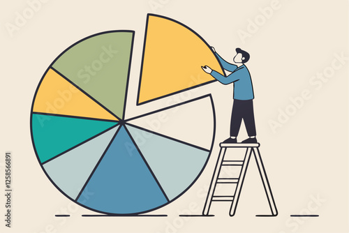 Investment asset allocation and rebalance concept, businessman investor or financial planner standing on ladder to arrange pie chart as rebalancing investment portfolio to suitable for risk and return