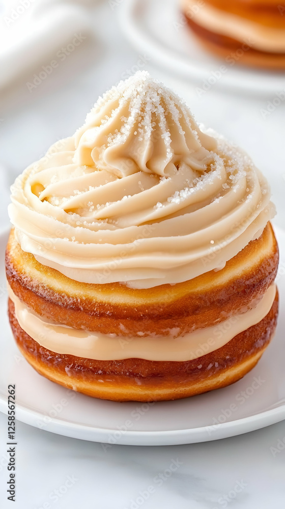 Stacked donuts with custard cream filling on white marble table for cafe menu, food blog Stacked donuts with custard cream filling on white marble table for cafe menu, food blog