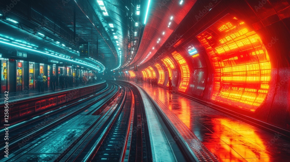 Fototapeta premium Futuristic subway station, vibrant lights, wet platform.