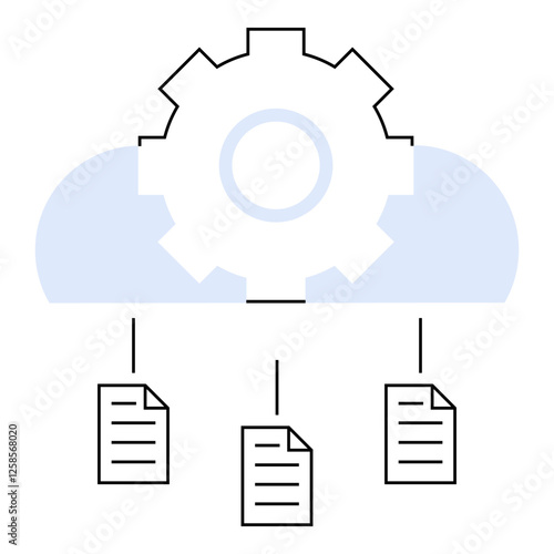 Cloud with integrated gear at the top, three documents connected below, blue accents. Ideal for cloud technology, data storage, digital solutions, tech services, cloud hosting, document management