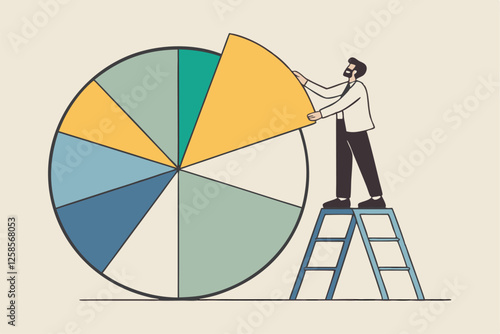Investment asset allocation and rebalance concept, businessman investor or financial planner standing on ladder to arrange pie chart as rebalancing investment portfolio to suitable for risk and return