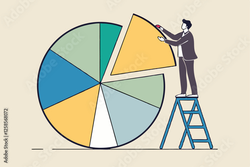 Investment asset allocation and rebalance concept, businessman investor or financial planner standing on ladder to arrange pie chart as rebalancing investment portfolio to suitable for risk and return