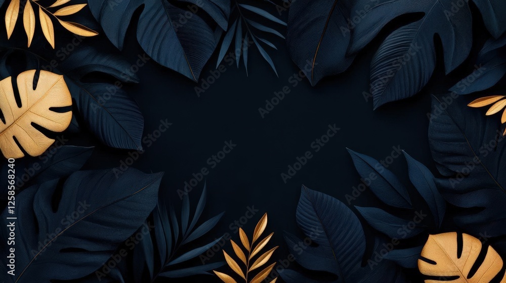 Fototapeta premium Dark blue and gold tropical leaves border with copy space