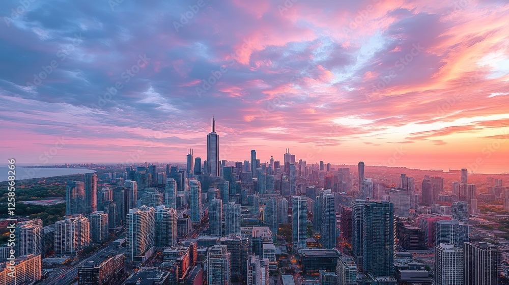 Fototapeta premium Chicago Skyline at Sunset: A Breathtaking Aerial View