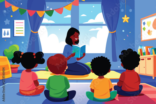 A warm, inviting kindergarten classroom; a teacher with a kind smile reads an engaging storybook to a captivated group of diverse children.